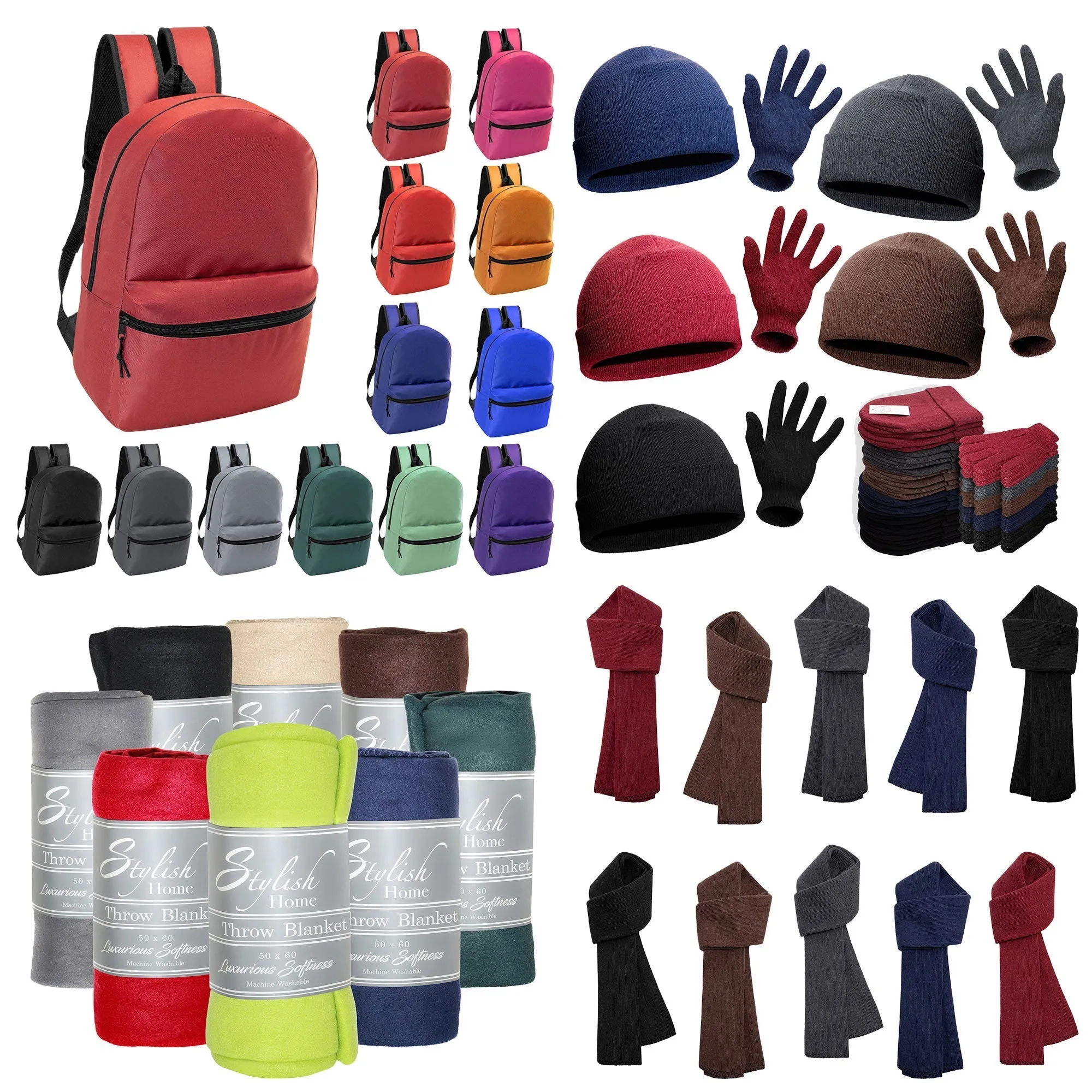 12 Basic 17" Backpacks in 12 Different Colors & Your Choice of 12 Winter Item Sets - Wholesale Care Package: Homeless, Emergency, Charity