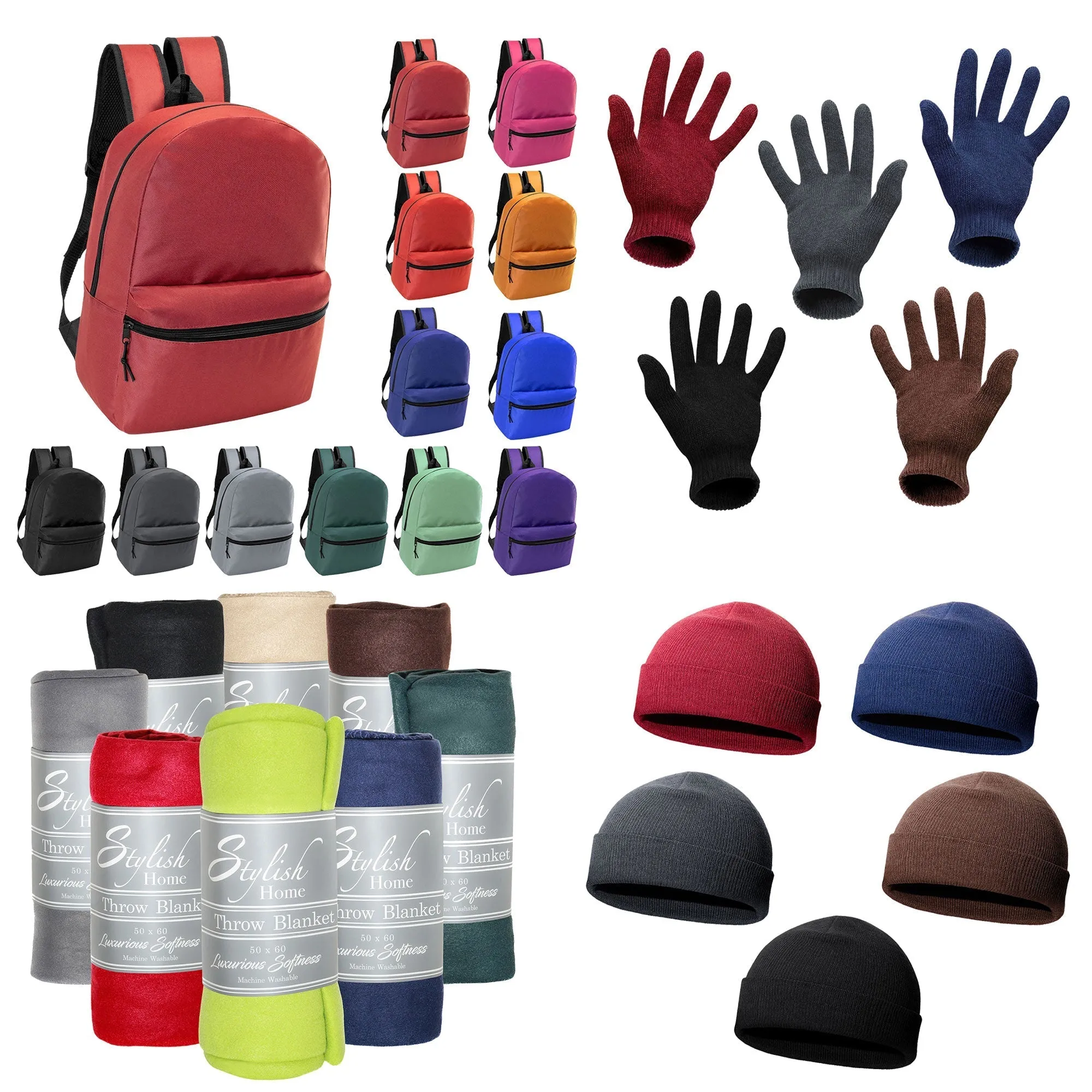 12 Basic 17" Backpacks in 12 Different Colors & Your Choice of 12 Winter Item Sets - Wholesale Care Package: Homeless, Emergency, Charity