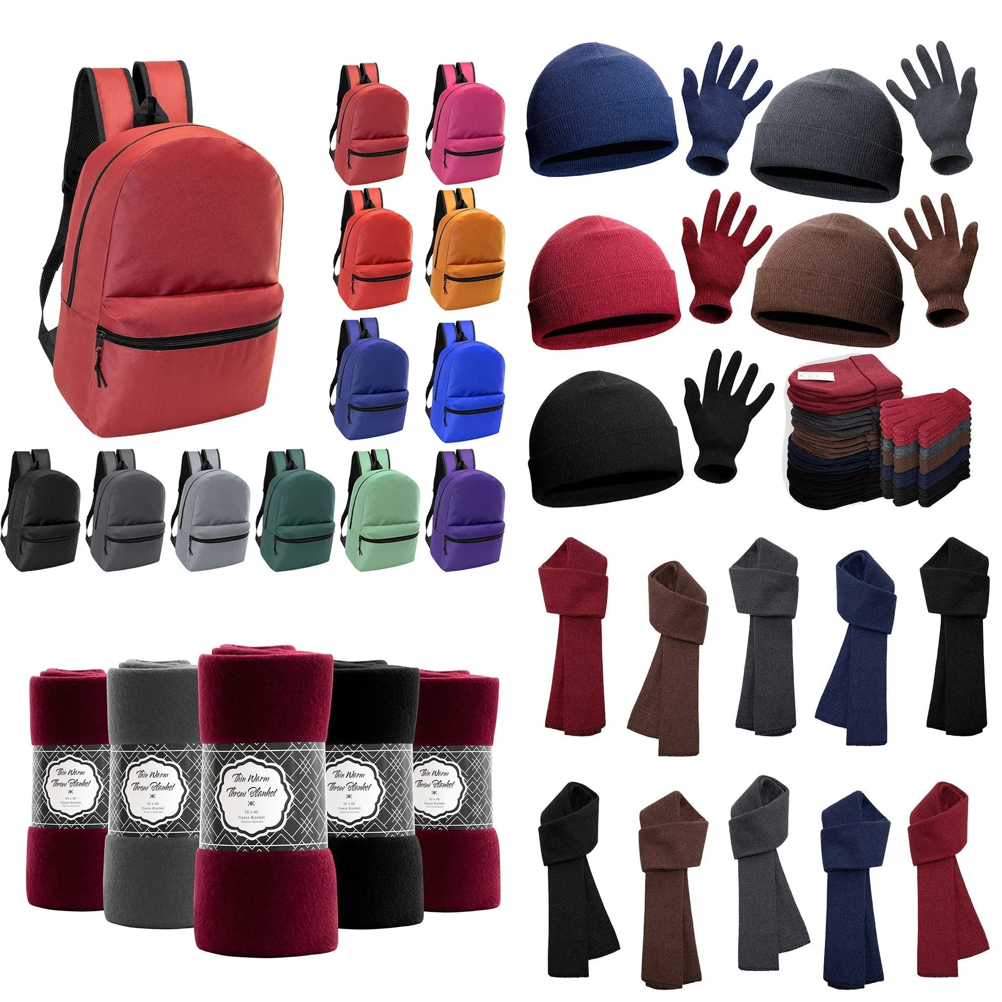12 Basic 17" Backpacks in 12 Different Colors & Your Choice of 12 Winter Item Sets - Wholesale Care Package: Homeless, Emergency, Charity