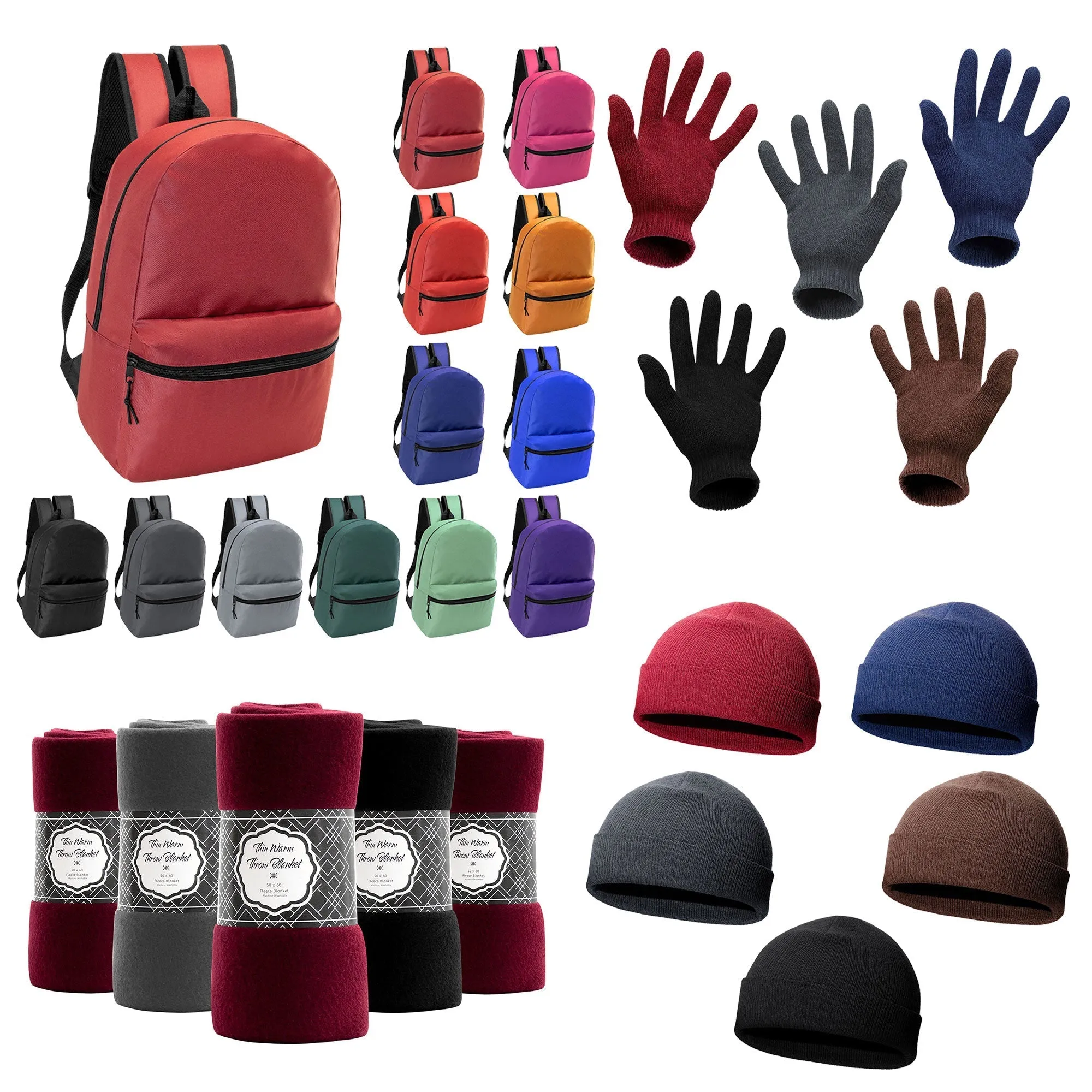 12 Basic 17" Backpacks in 12 Different Colors & Your Choice of 12 Winter Item Sets - Wholesale Care Package: Homeless, Emergency, Charity
