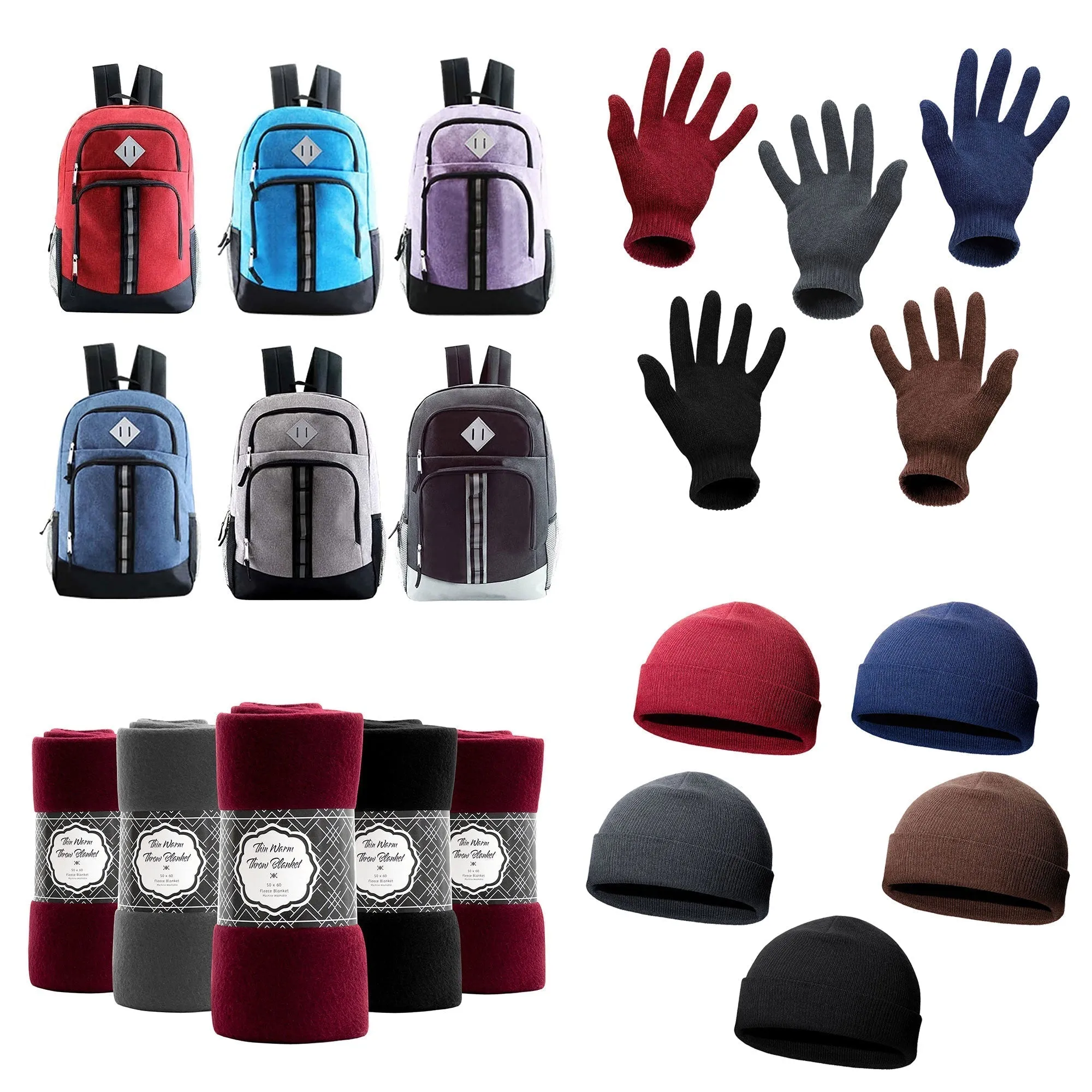 12 Deluxe 18" Backpacks & Your Choice of 12 Winter Item Sets - Wholesale Care Package: Homeless, Emergency, Charity
