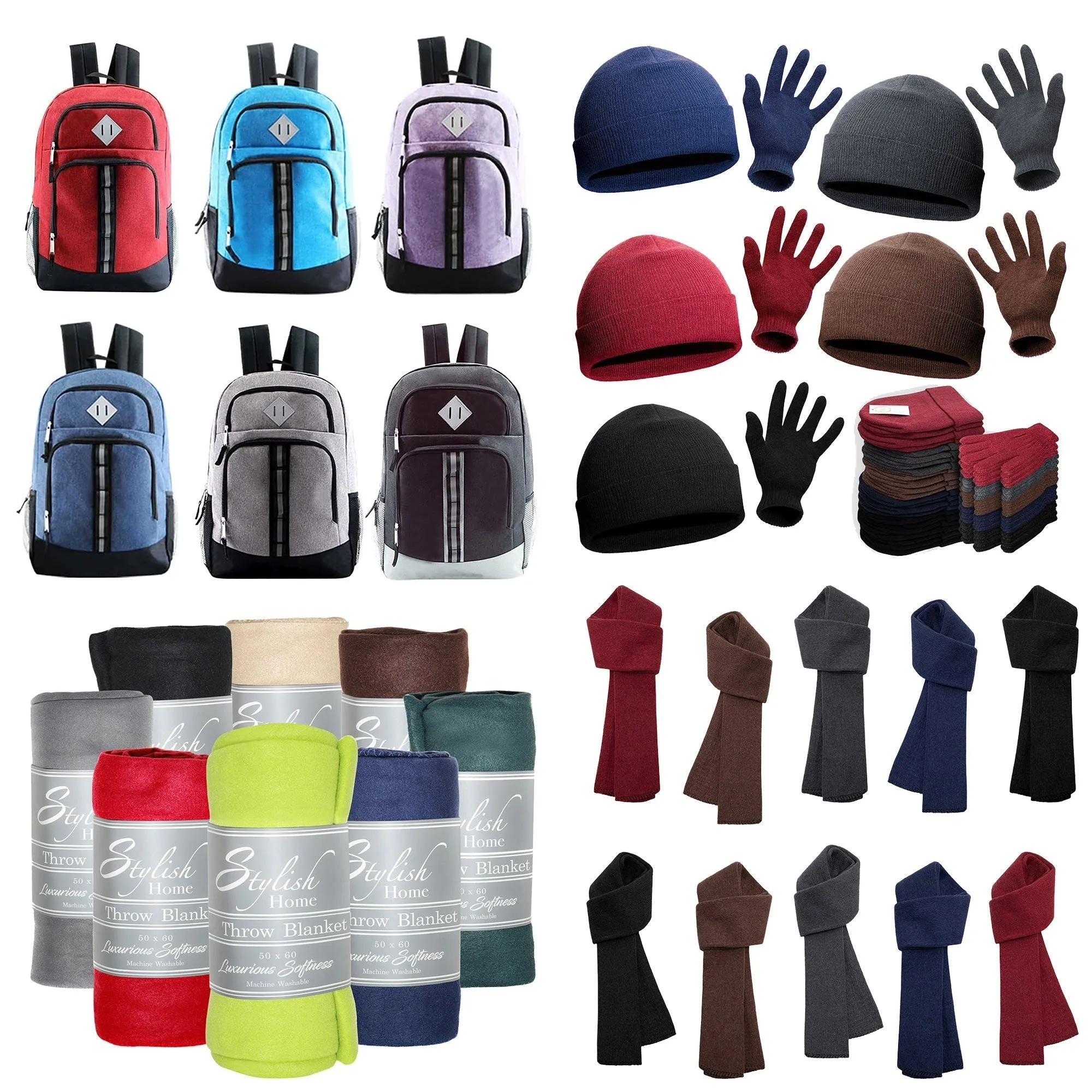12 Deluxe 18" Backpacks & Your Choice of 12 Winter Item Sets - Wholesale Care Package: Homeless, Emergency, Charity