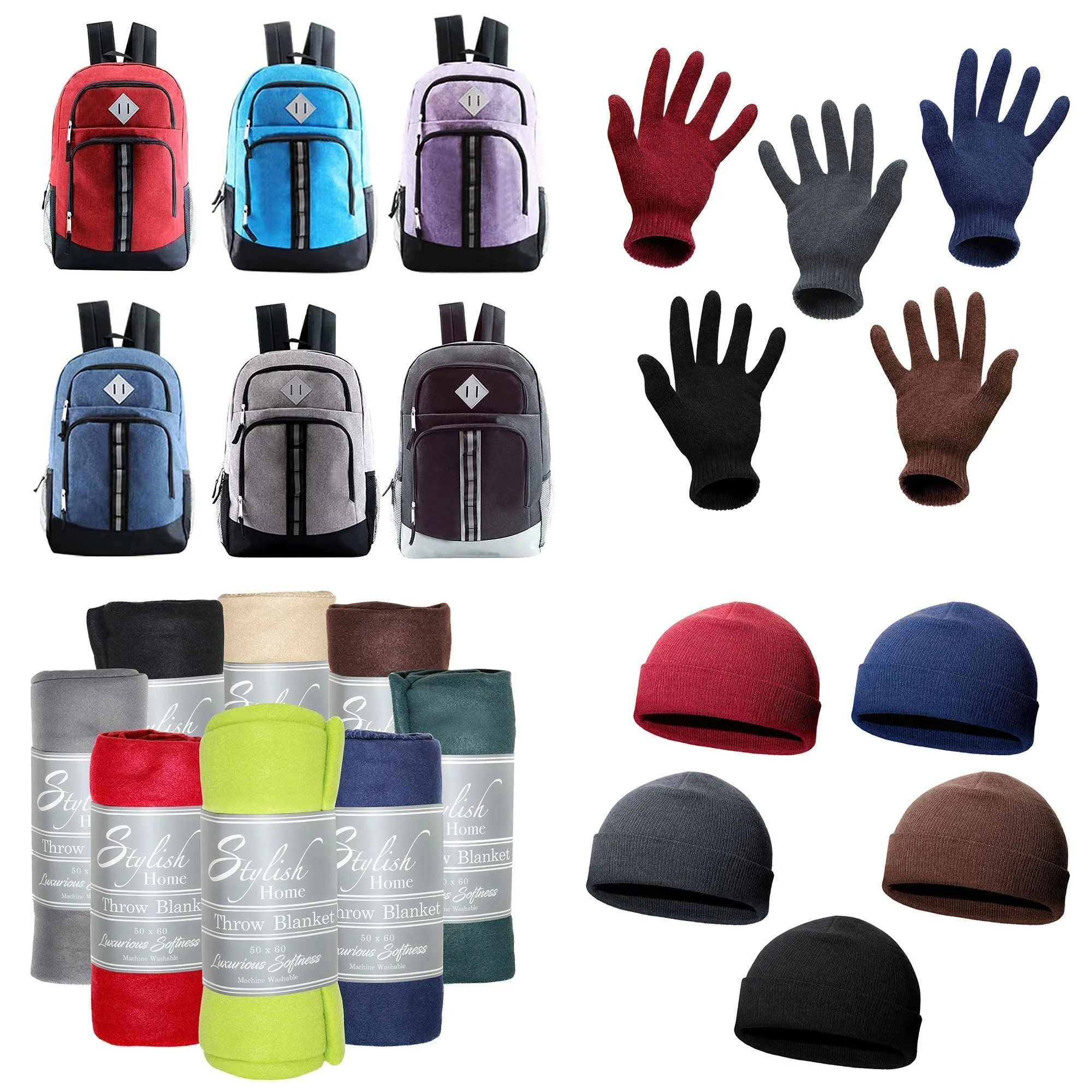 12 Deluxe 18" Backpacks & Your Choice of 12 Winter Item Sets - Wholesale Care Package: Homeless, Emergency, Charity