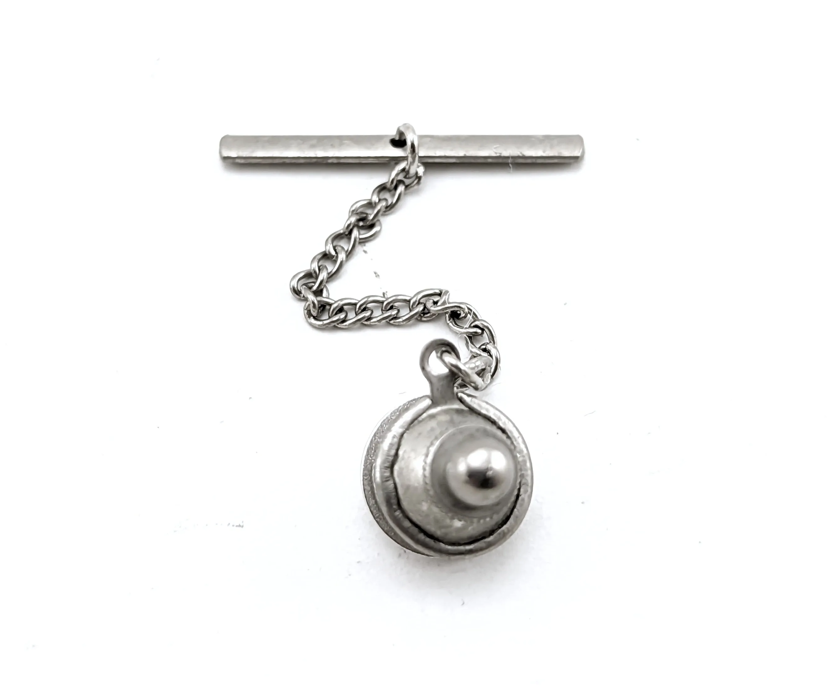 1950s-60s Vintage Men's Tie Tack Silver Tone Metal Necktie Pin with Crescent Moon cutout and Abalone Shell