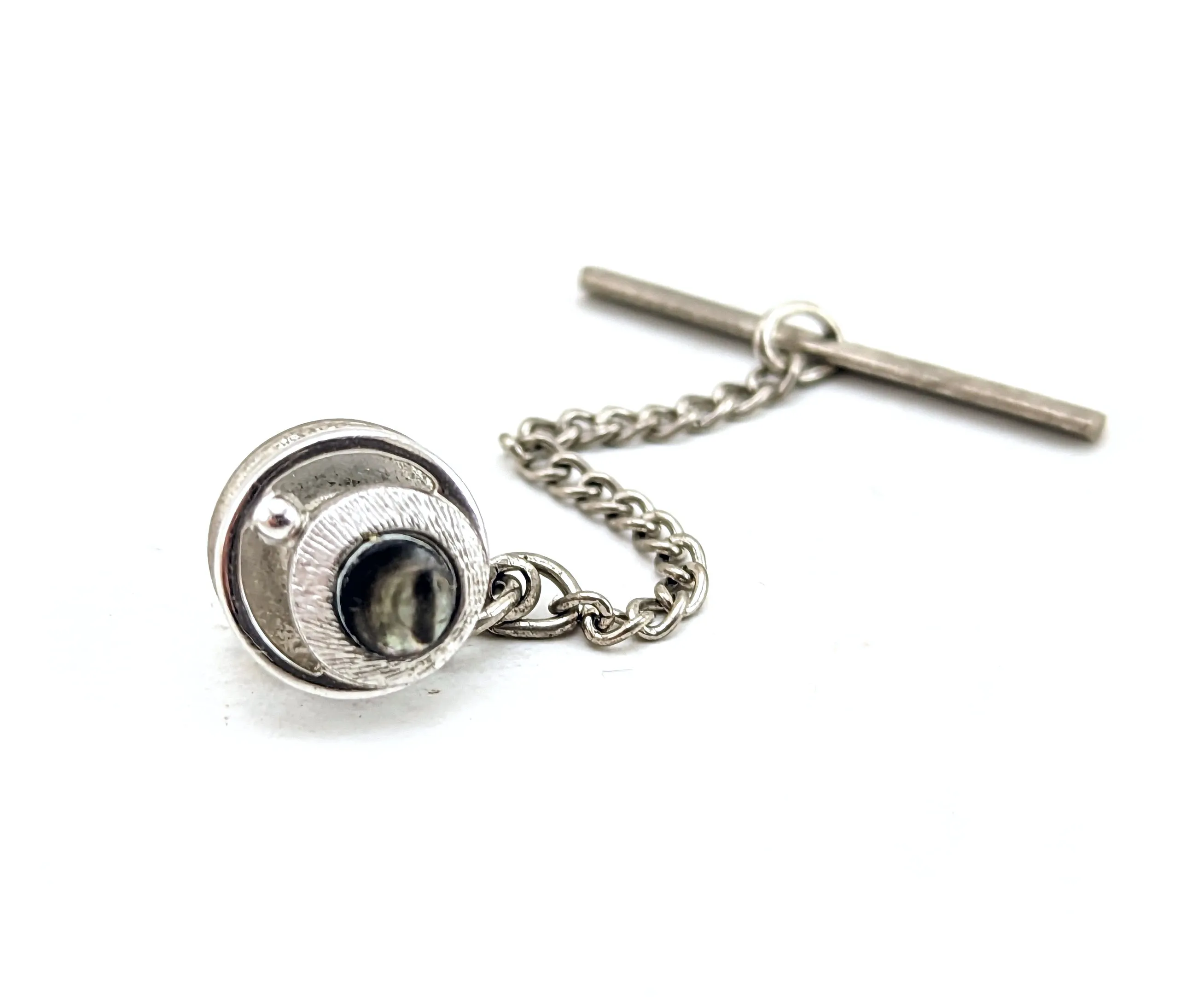 1950s-60s Vintage Men's Tie Tack Silver Tone Metal Necktie Pin with Crescent Moon cutout and Abalone Shell
