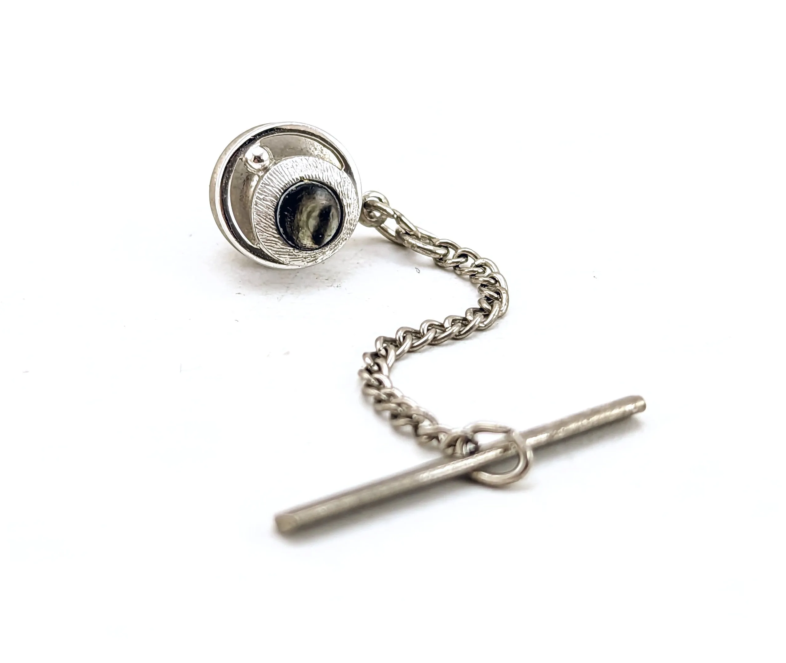 1950s-60s Vintage Men's Tie Tack Silver Tone Metal Necktie Pin with Crescent Moon cutout and Abalone Shell