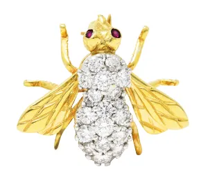 1960's 1.00 CTW Diamond Ruby 14 Karat Two-Tone Gold Bug Vintage Brooch