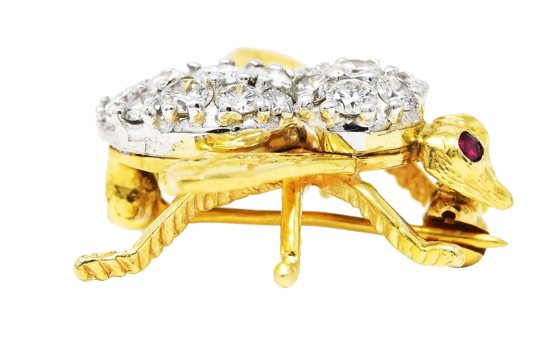 1960's 1.00 CTW Diamond Ruby 14 Karat Two-Tone Gold Bug Vintage Brooch