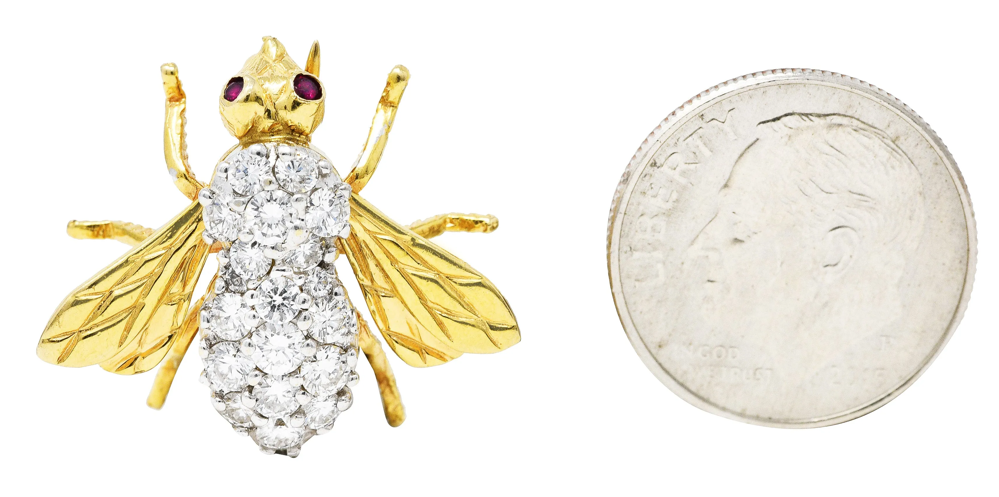 1960's 1.00 CTW Diamond Ruby 14 Karat Two-Tone Gold Bug Vintage Brooch