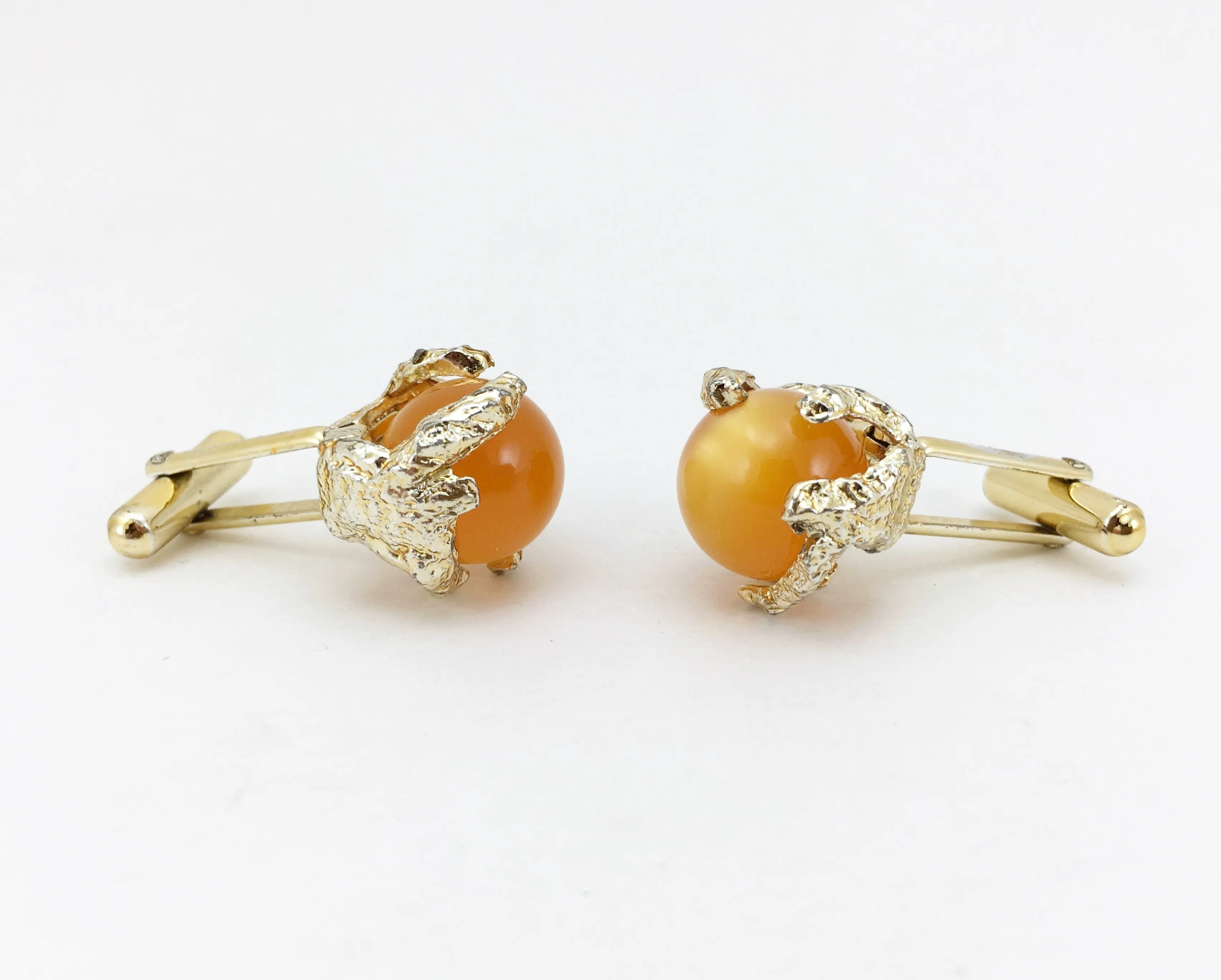 1960s-70s Modernist Cufflinks Set Gold Tone Freeform Abstract Mad Men Era Men's Vintage Cufflink Set with orange marbles
