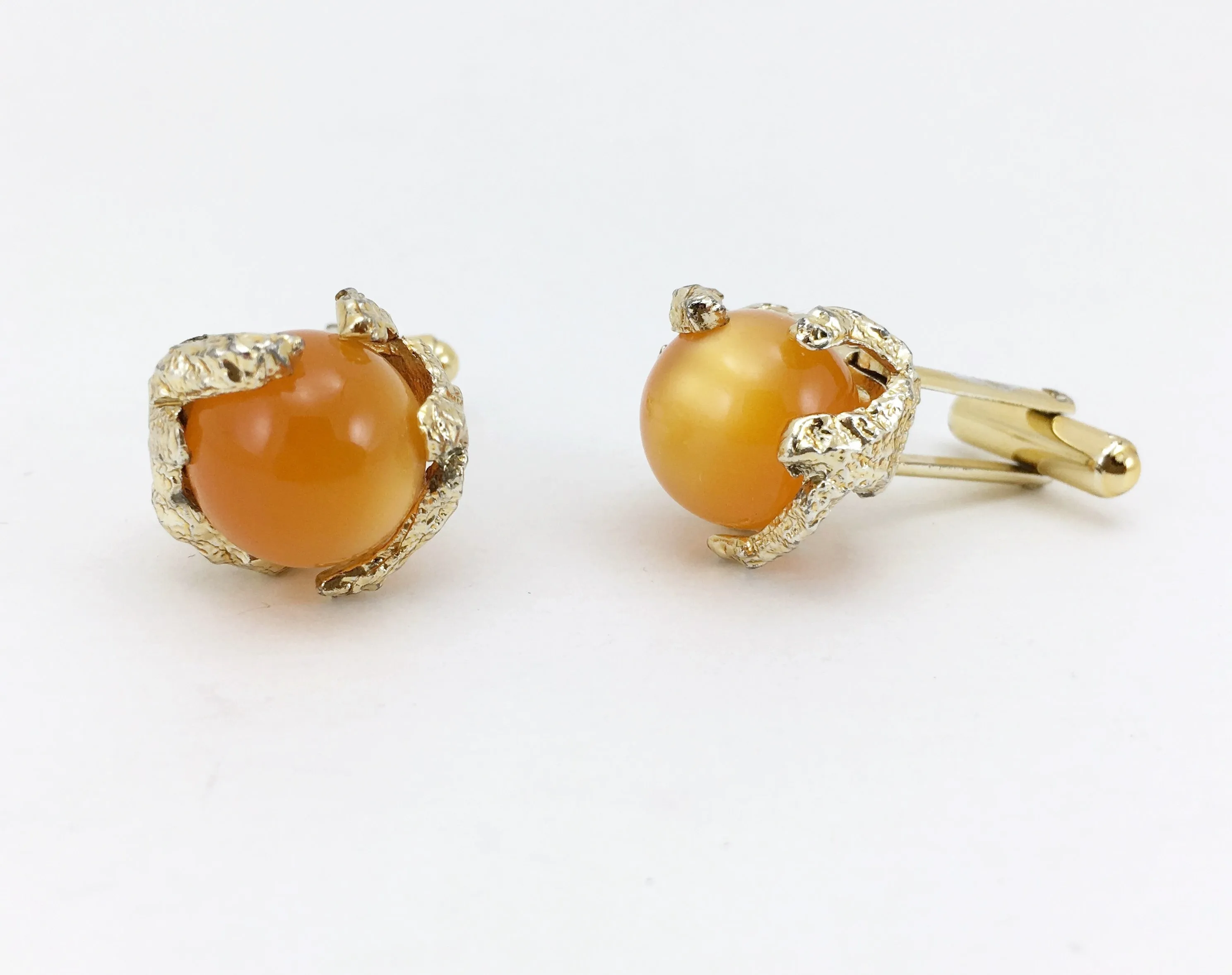 1960s-70s Modernist Cufflinks Set Gold Tone Freeform Abstract Mad Men Era Men's Vintage Cufflink Set with orange marbles