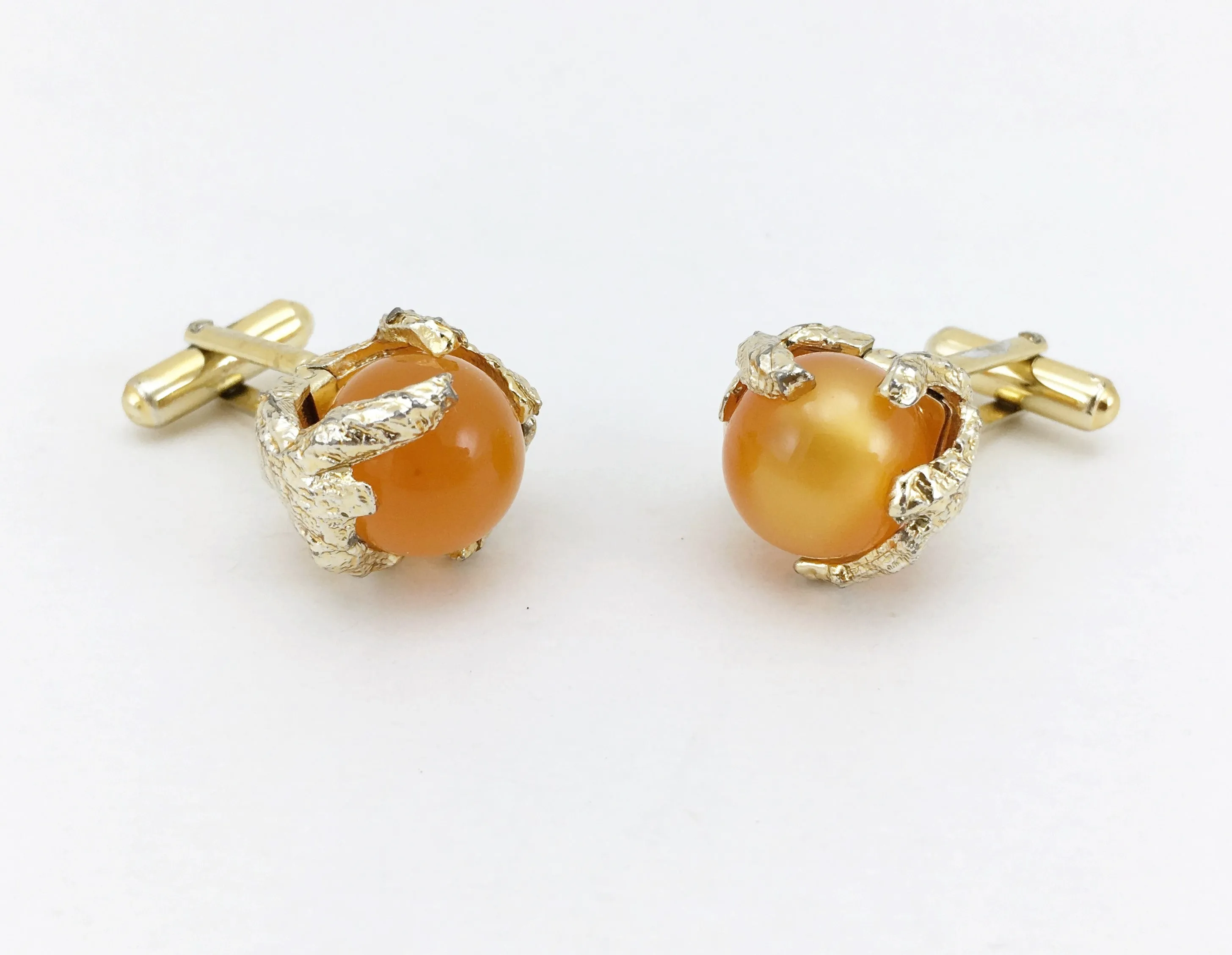 1960s-70s Modernist Cufflinks Set Gold Tone Freeform Abstract Mad Men Era Men's Vintage Cufflink Set with orange marbles