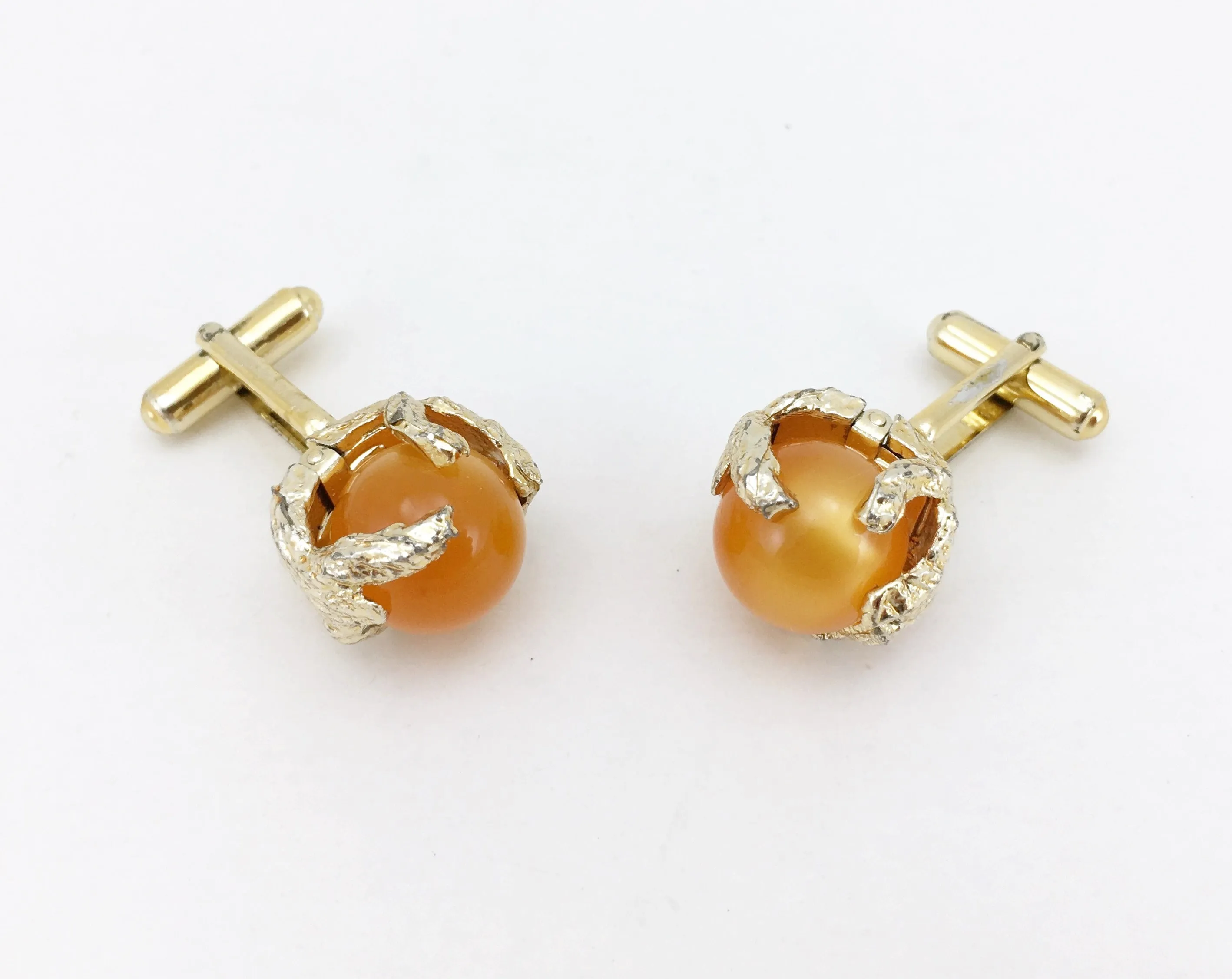 1960s-70s Modernist Cufflinks Set Gold Tone Freeform Abstract Mad Men Era Men's Vintage Cufflink Set with orange marbles
