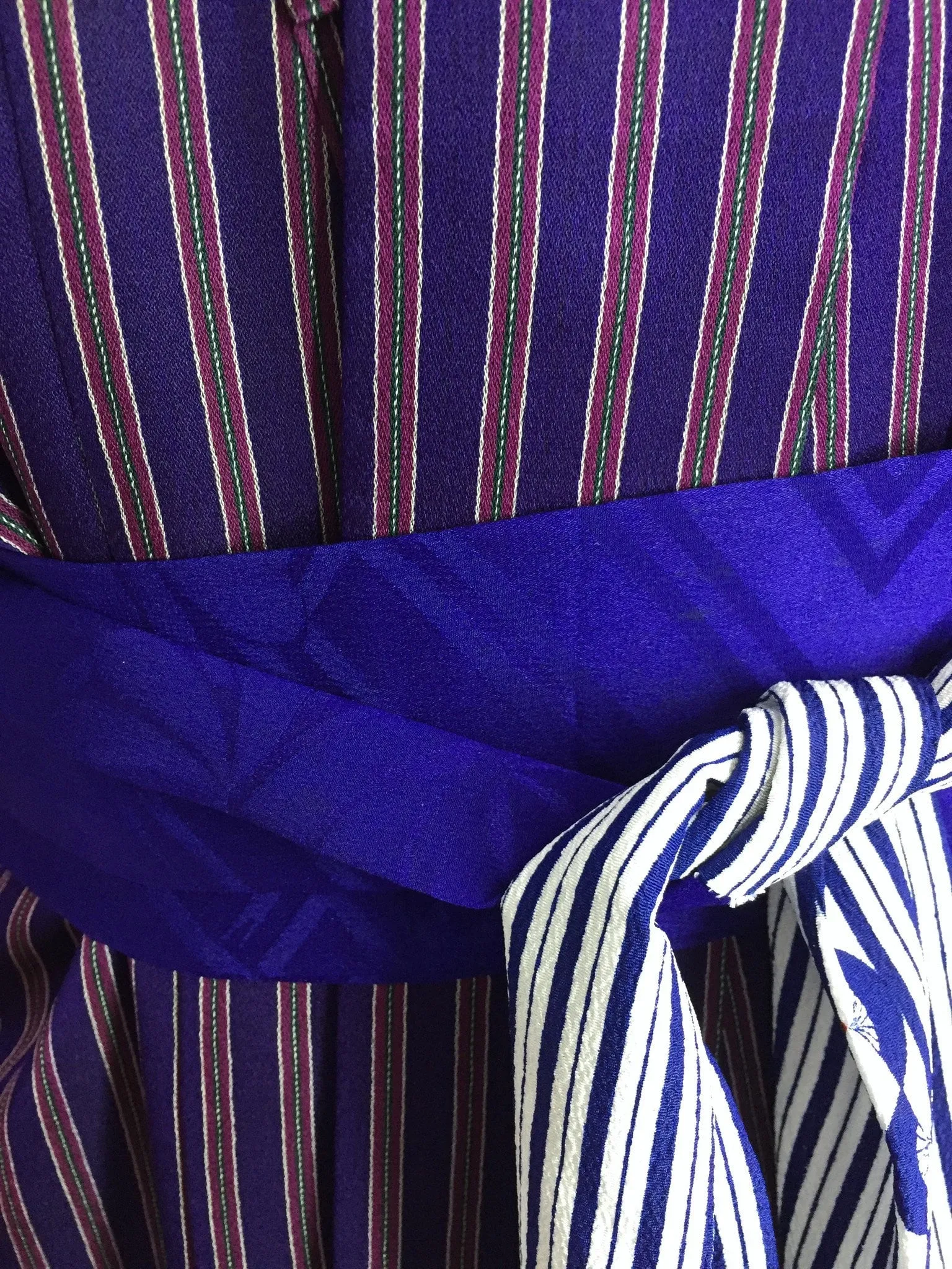 1980s Vintage Silk Kimono Robe with Blue and Purple Pinstripes
