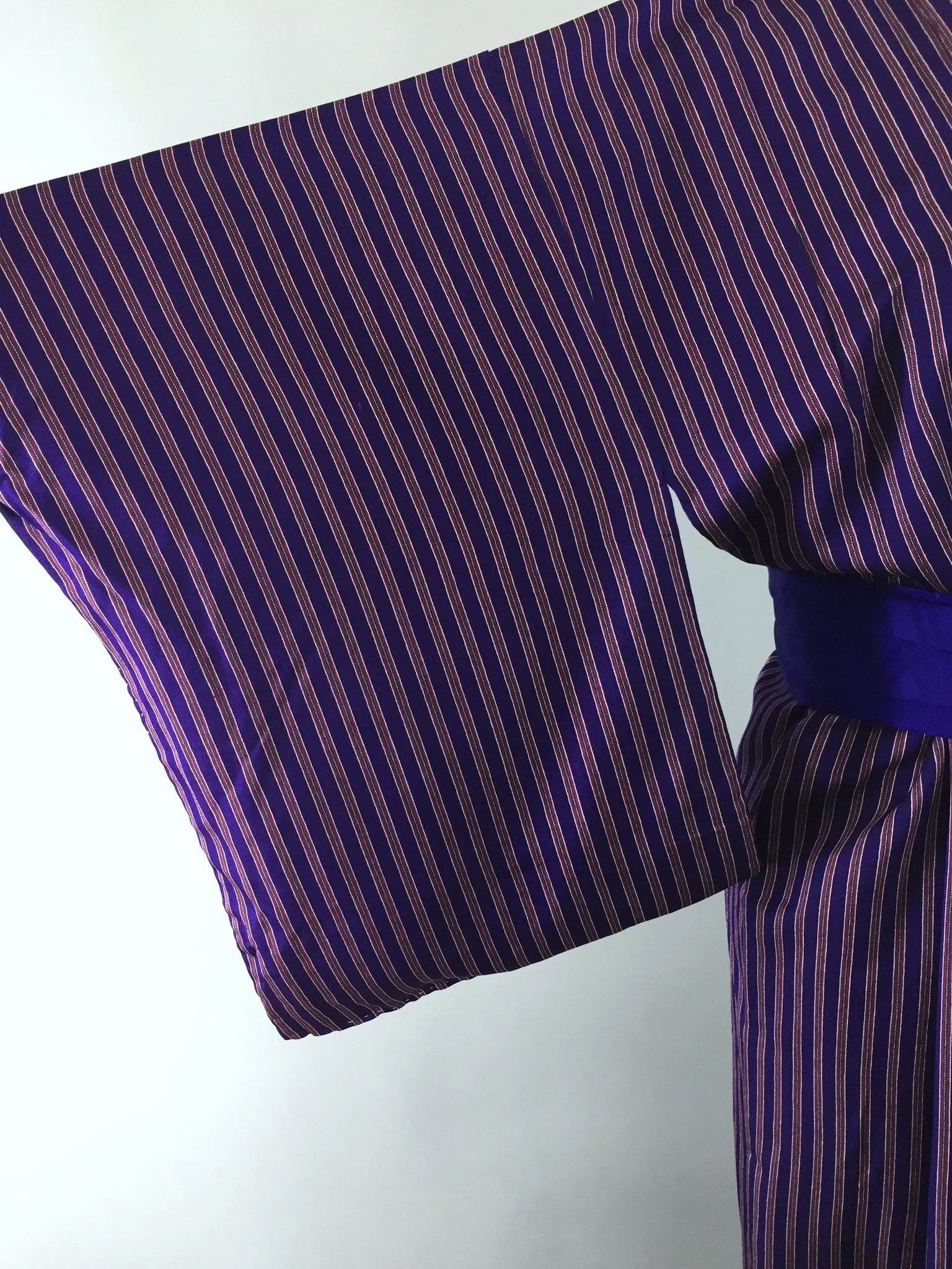 1980s Vintage Silk Kimono Robe with Blue and Purple Pinstripes