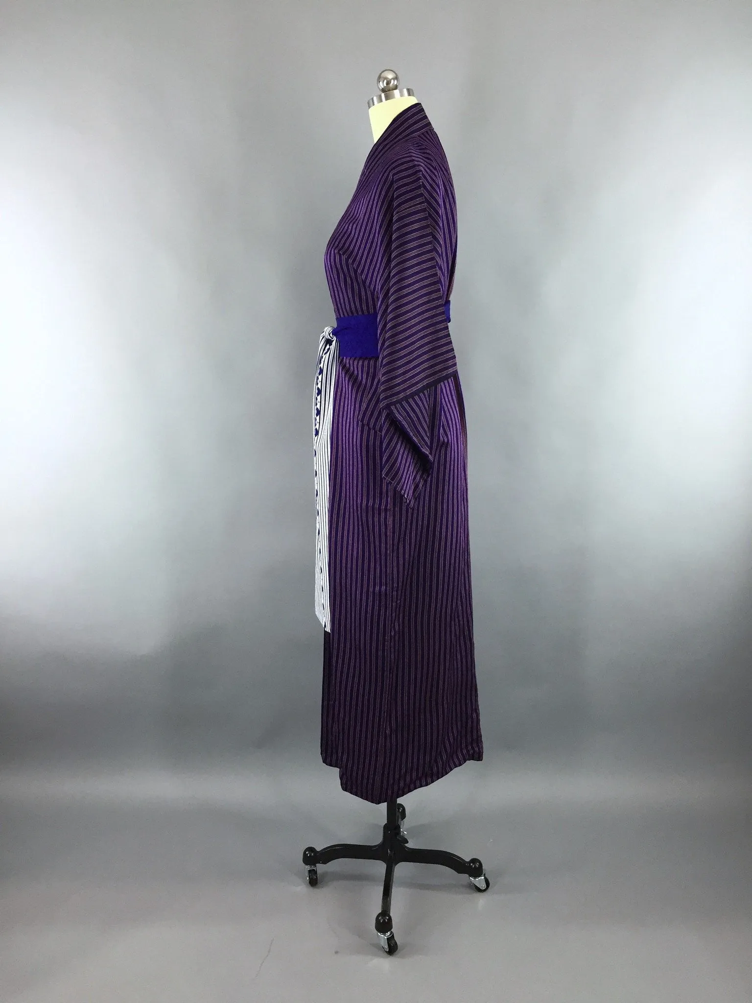 1980s Vintage Silk Kimono Robe with Blue and Purple Pinstripes
