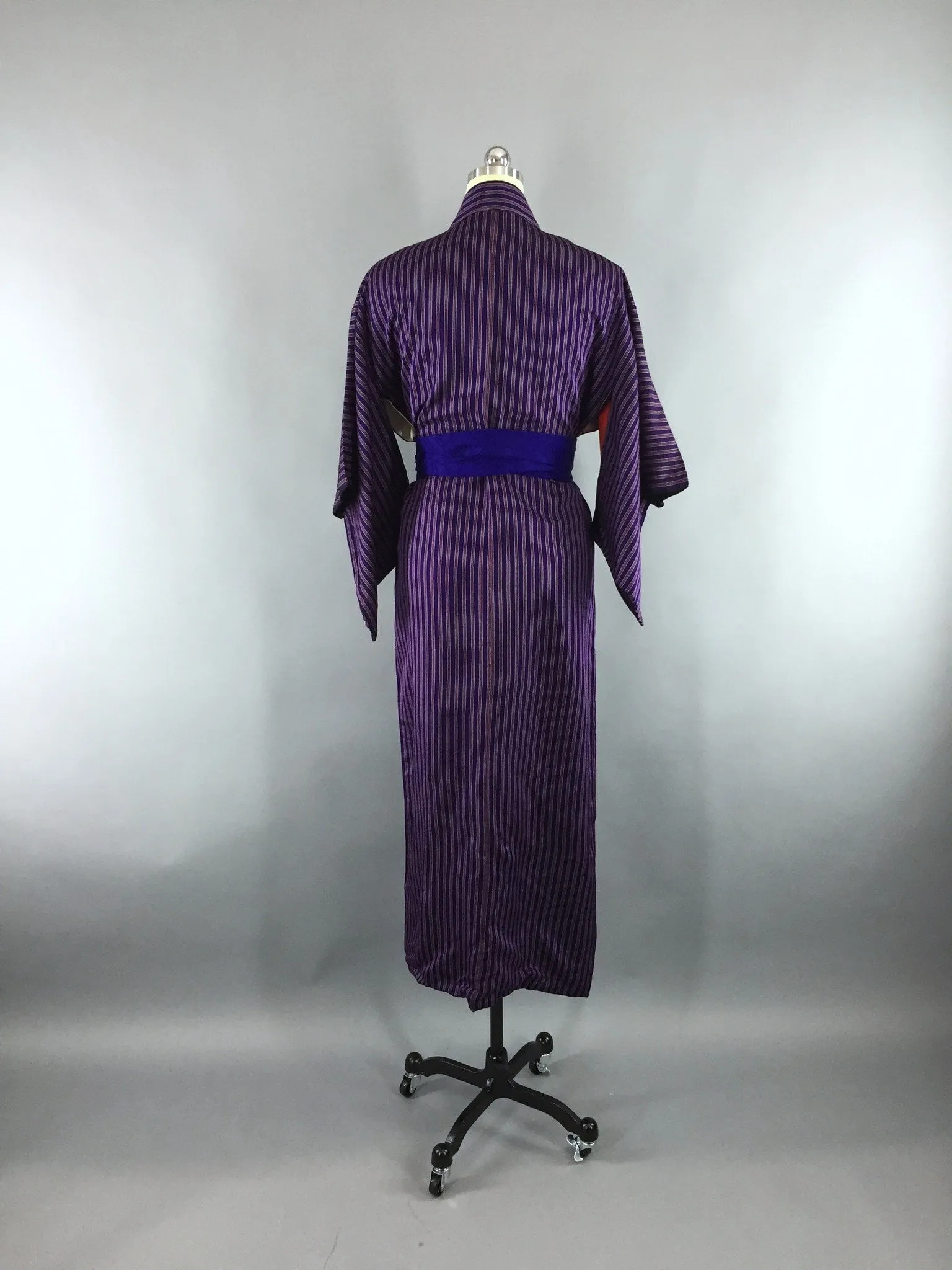 1980s Vintage Silk Kimono Robe with Blue and Purple Pinstripes