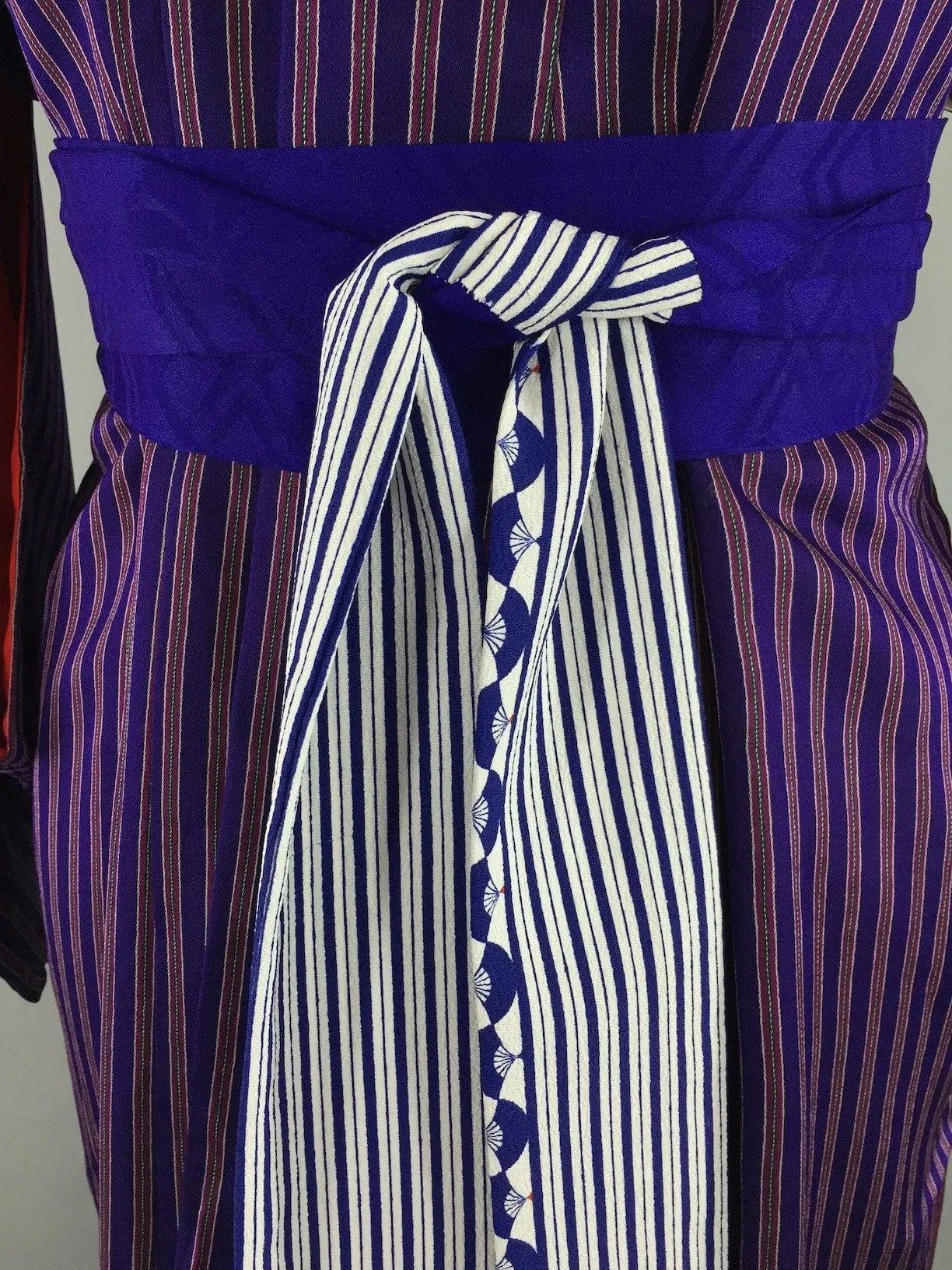 1980s Vintage Silk Kimono Robe with Blue and Purple Pinstripes