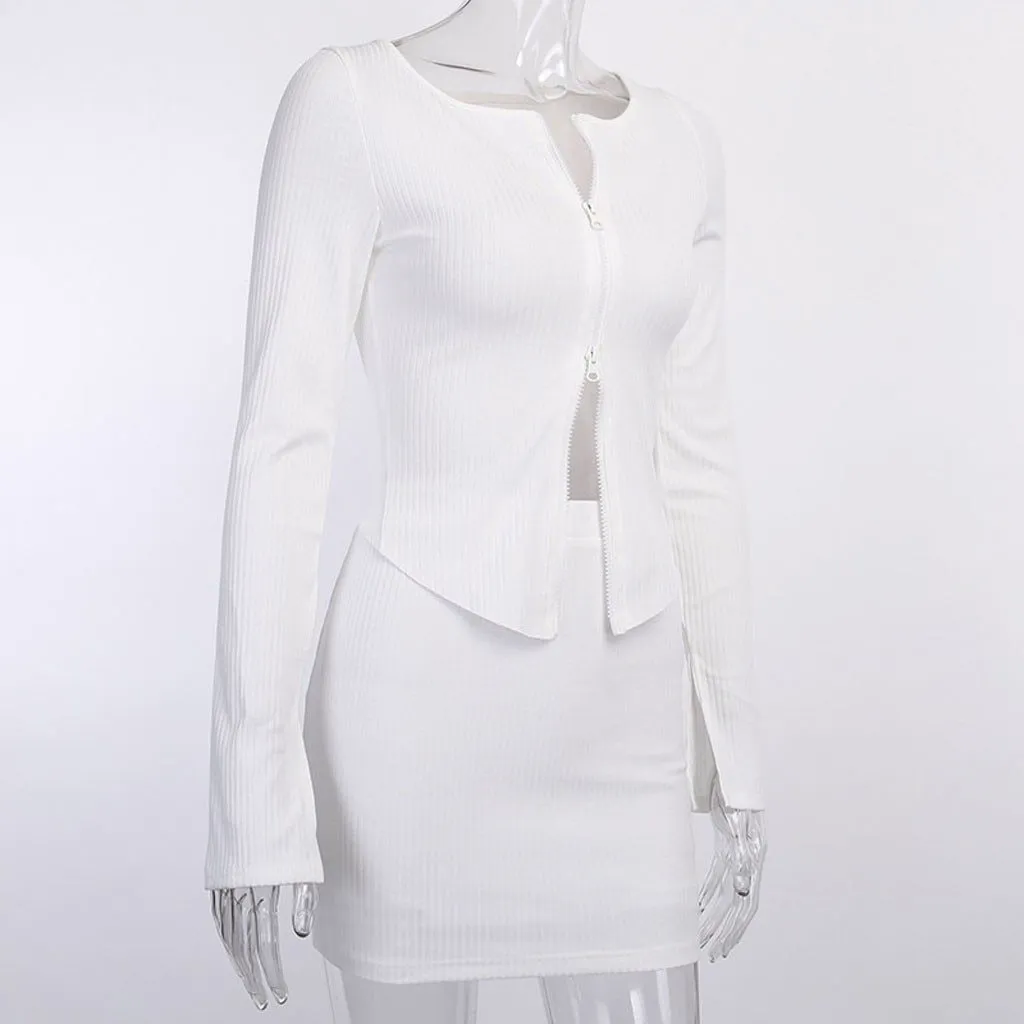 2 Pieces Sets Outfits Women Sexy Party Casual Double Zipper Skirt Suit Long Sleeve Crop Tops   Mini Skirt Clothes