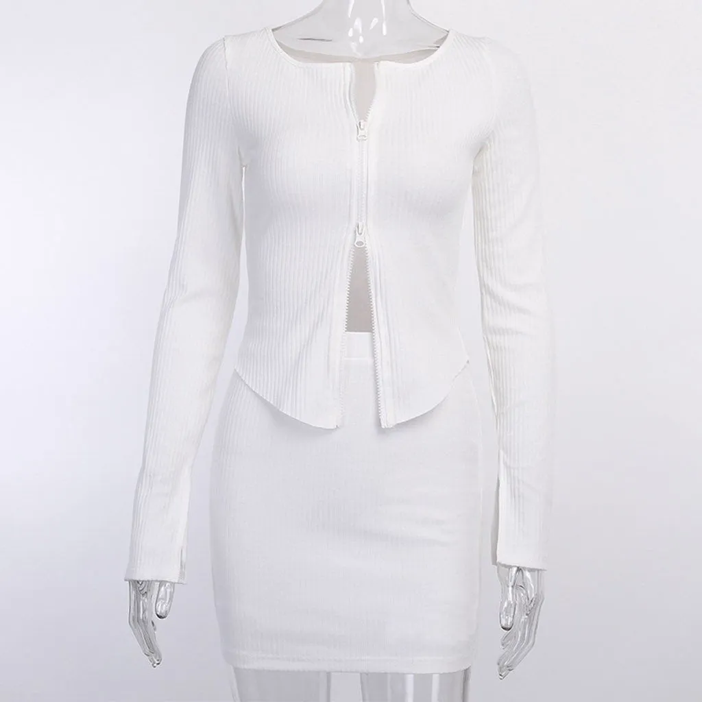 2 Pieces Sets Outfits Women Sexy Party Casual Double Zipper Skirt Suit Long Sleeve Crop Tops   Mini Skirt Clothes