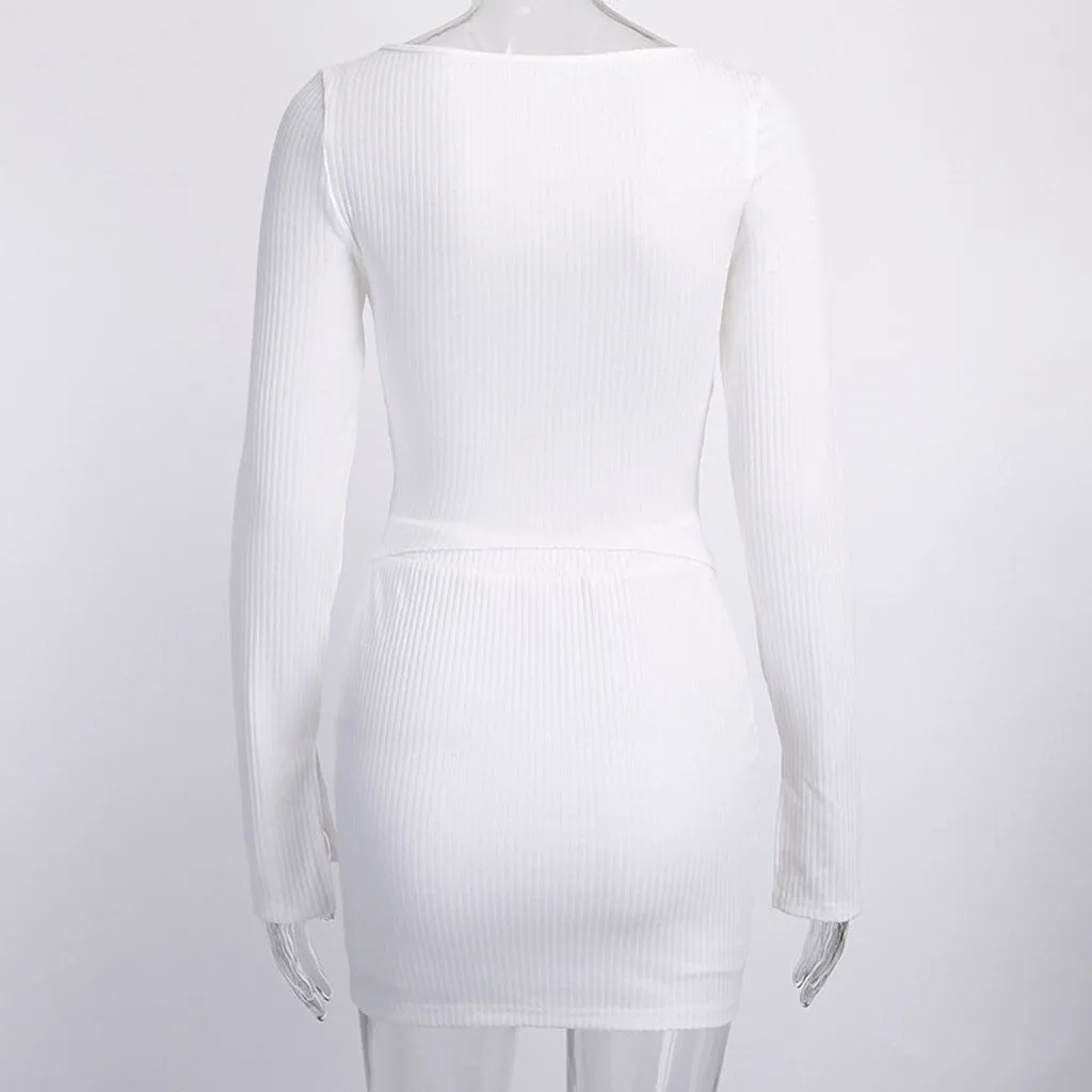 2 Pieces Sets Outfits Women Sexy Party Casual Double Zipper Skirt Suit Long Sleeve Crop Tops   Mini Skirt Clothes