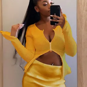 2 Pieces Sets Outfits Women Sexy Party Casual Double Zipper Skirt Suit Long Sleeve Crop Tops   Mini Skirt Clothes
