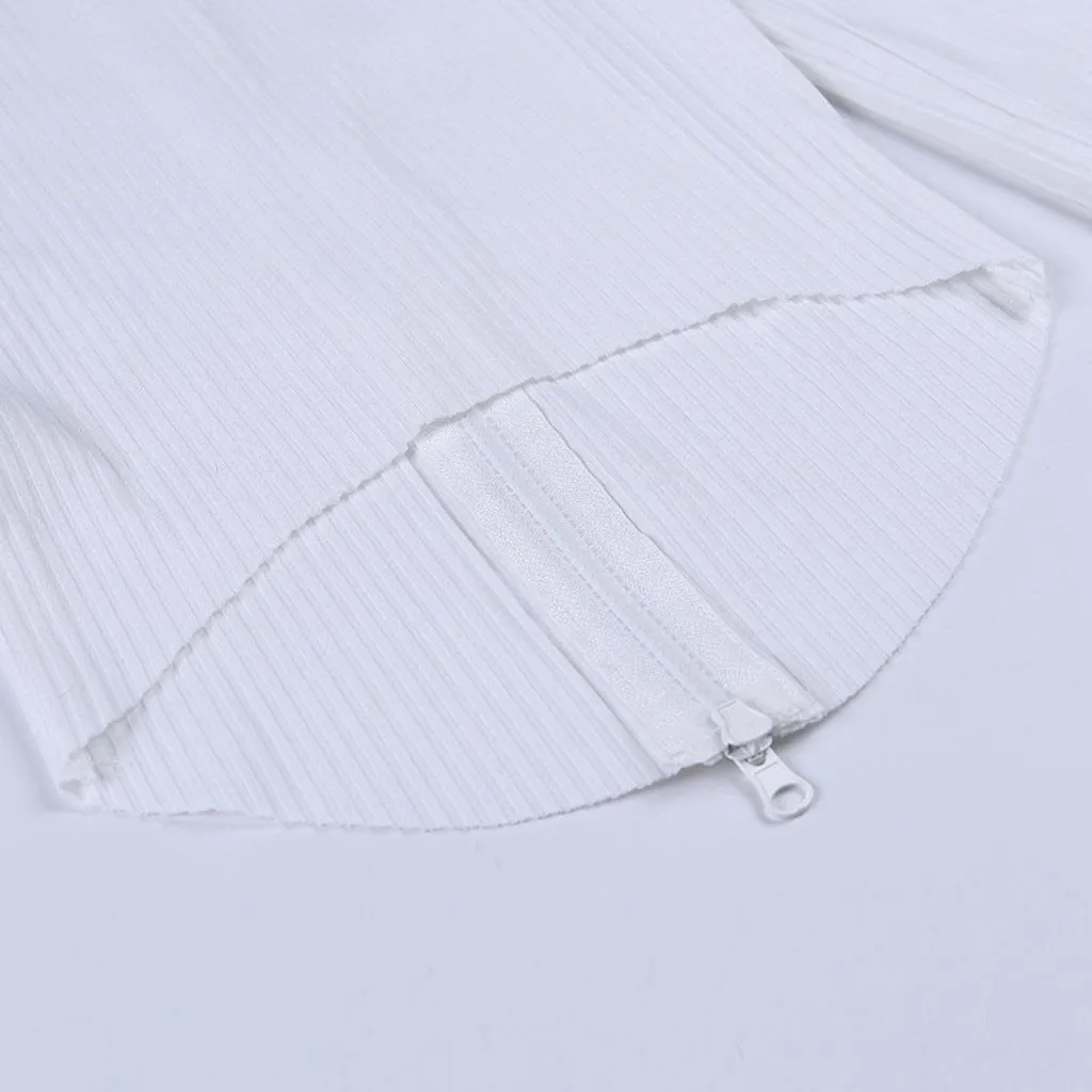 2 Pieces Sets Outfits Women Sexy Party Casual Double Zipper Skirt Suit Long Sleeve Crop Tops   Mini Skirt Clothes