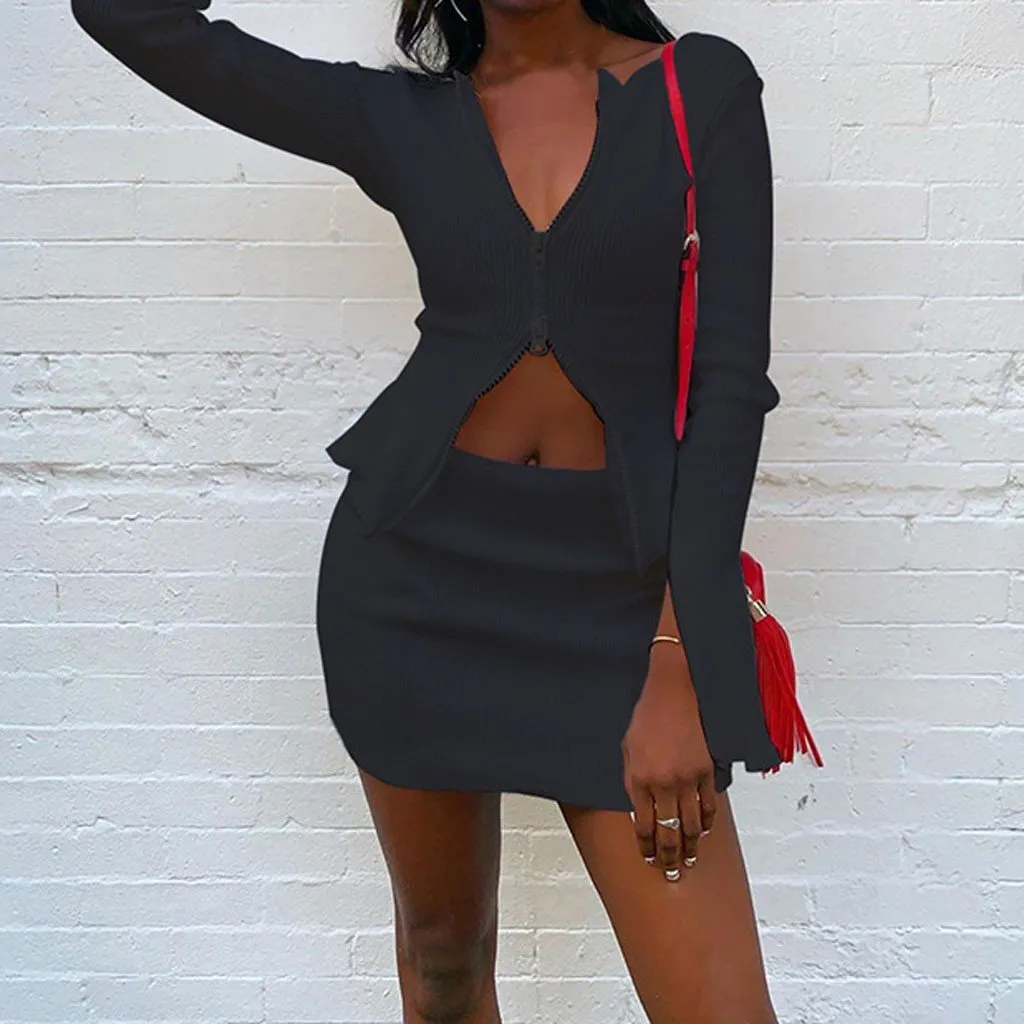 2 Pieces Sets Outfits Women Sexy Party Casual Double Zipper Skirt Suit Long Sleeve Crop Tops   Mini Skirt Clothes