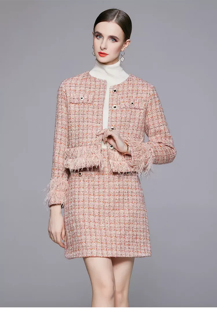2022 Women Autumn Winter Round Neck Feather Tassel Rhinestone Tweed Blazer Skirt Two Piece Set Suits