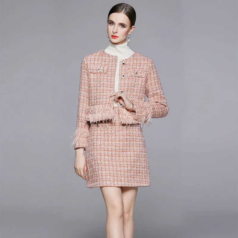 2022 Women Autumn Winter Round Neck Feather Tassel Rhinestone Tweed Blazer Skirt Two Piece Set Suits