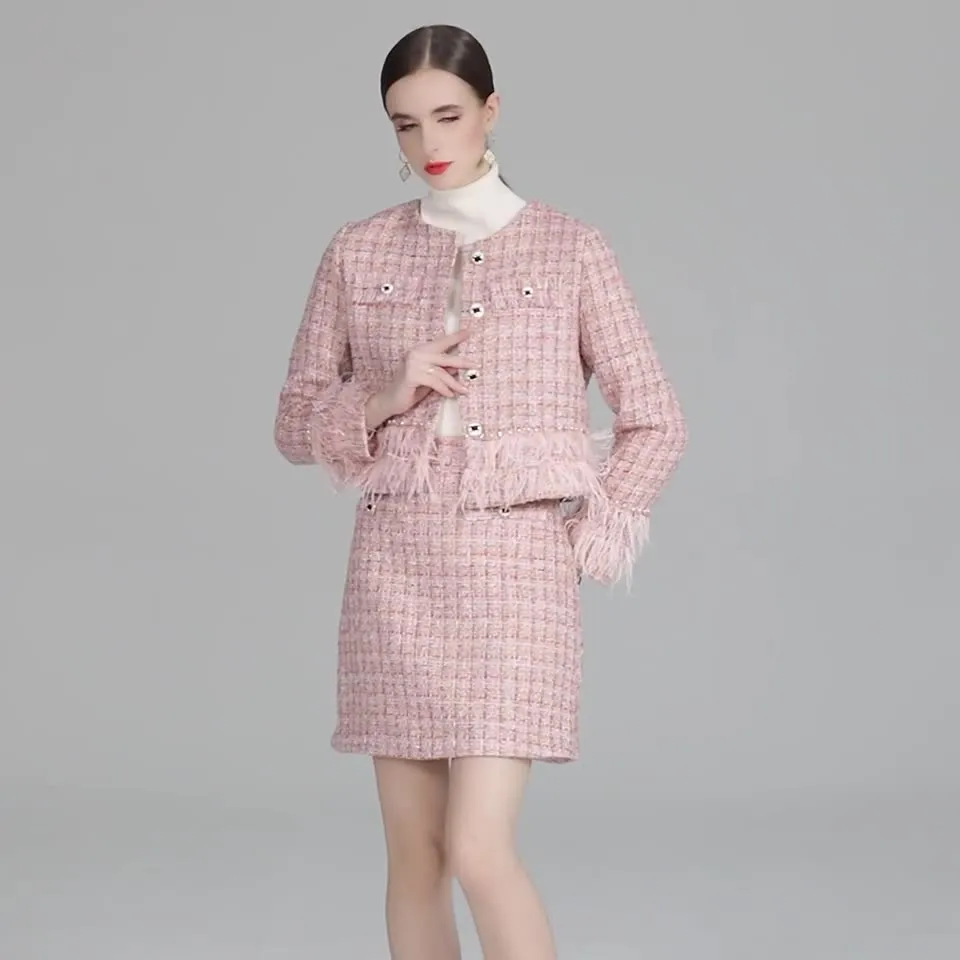 2022 Women Autumn Winter Round Neck Feather Tassel Rhinestone Tweed Blazer Skirt Two Piece Set Suits