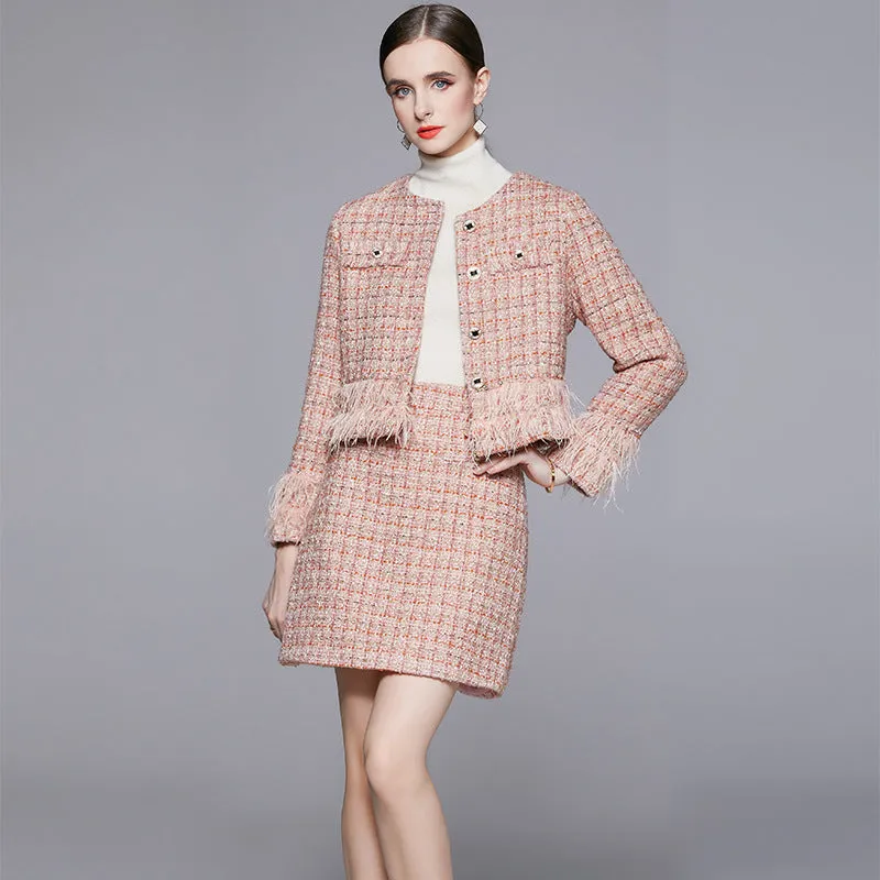2022 Women Autumn Winter Round Neck Feather Tassel Rhinestone Tweed Blazer Skirt Two Piece Set Suits
