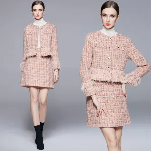 2022 Women Autumn Winter Round Neck Feather Tassel Rhinestone Tweed Blazer Skirt Two Piece Set Suits