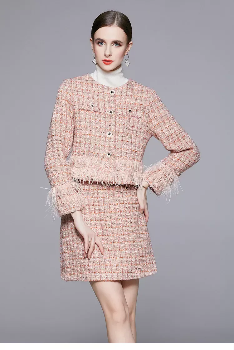 2022 Women Autumn Winter Round Neck Feather Tassel Rhinestone Tweed Blazer Skirt Two Piece Set Suits