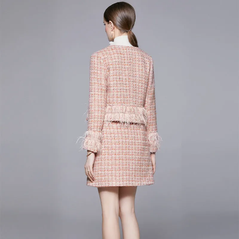 2022 Women Autumn Winter Round Neck Feather Tassel Rhinestone Tweed Blazer Skirt Two Piece Set Suits