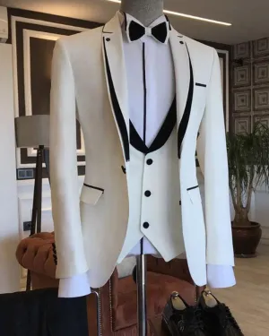 3 Pieces Black Trim  Ivory Mens Groom Tuxede Suits CB3919