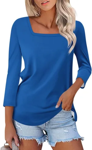 3/4 Length Sleeve Tops Women,Elbow Sleeve Workout Shirts Plain Basic Casual Blouse Square Neck Tunic Top Fall 2024