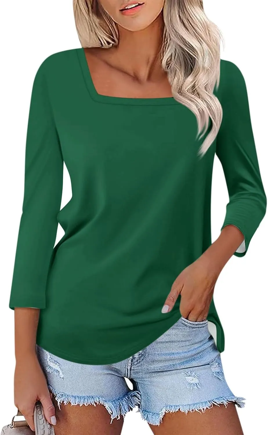 3/4 Sleeve Tops for Women Square Neck Summer T Shirts Casual Dressy Trendy Blouses Color Block Print Loose Fit Tunics