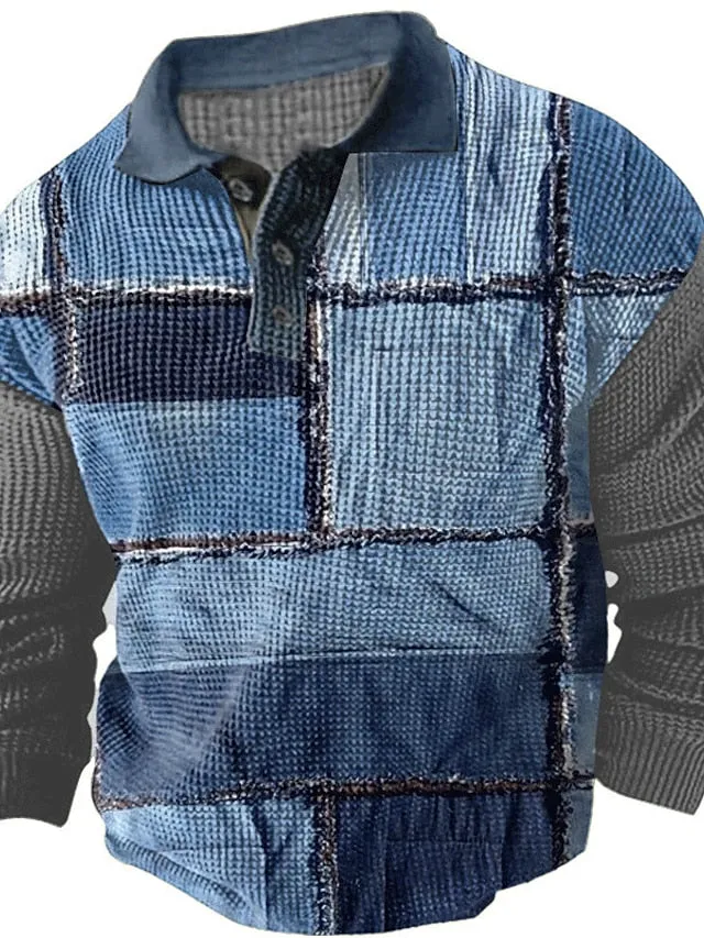 3D Color Block Plaid Men's Polo Shirt - Fall/Winter Streetwear Collection