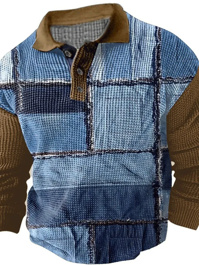 3D Color Block Plaid Men's Polo Shirt - Fall/Winter Streetwear Collection