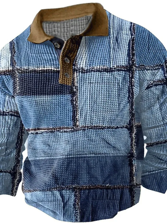 3D Color Block Plaid Men's Polo Shirt - Fall/Winter Streetwear Collection