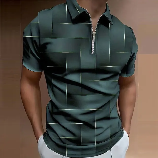 3D Geometric Print Men's Zip Polo Shirt for Outdoor Streetwear - Black & Purple, Spring/Summer Collection S M L