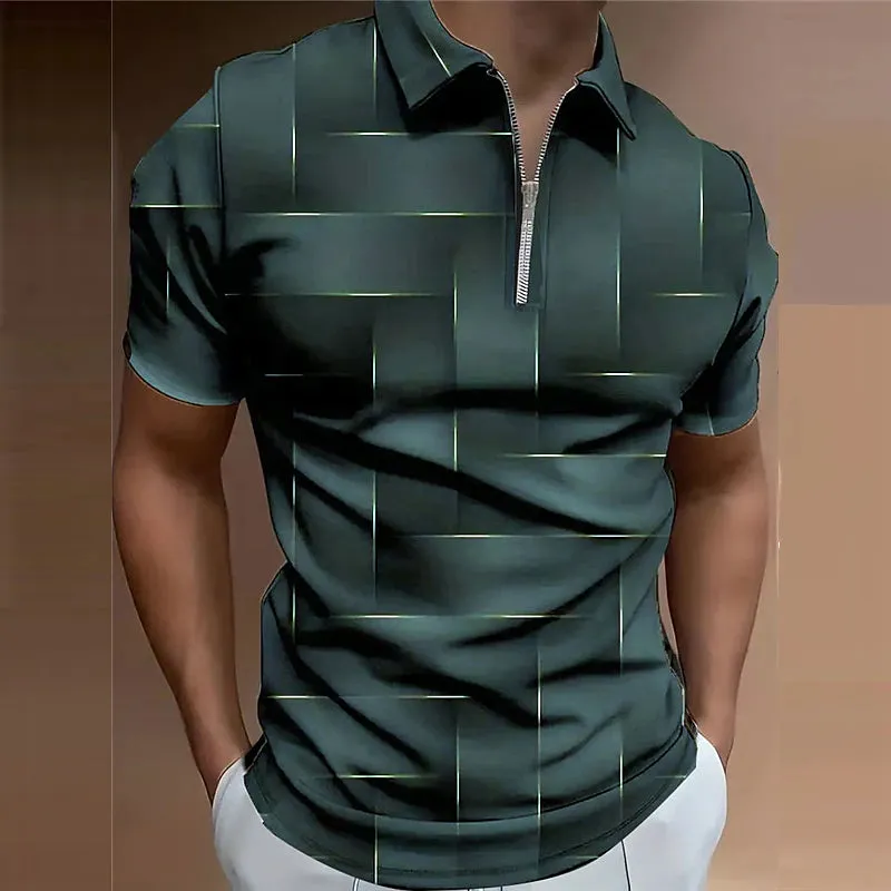 3D Geometric Print Men's Zip Polo Shirt for Outdoor Streetwear - Black & Purple, Spring/Summer Collection S M L