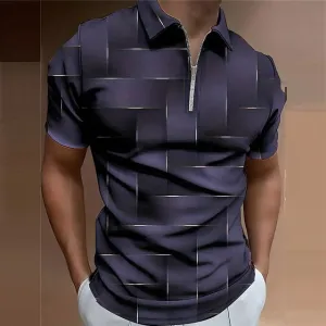 3D Geometric Print Men's Zip Polo Shirt for Outdoor Streetwear - Black & Purple, Spring/Summer Collection S M L