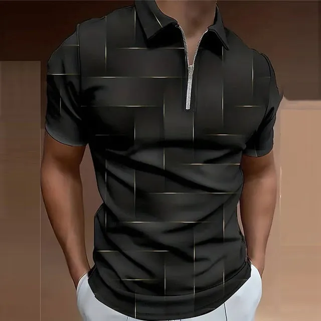 3D Geometric Print Men's Zip Polo Shirt for Outdoor Streetwear - Black & Purple, Spring/Summer Collection S M L