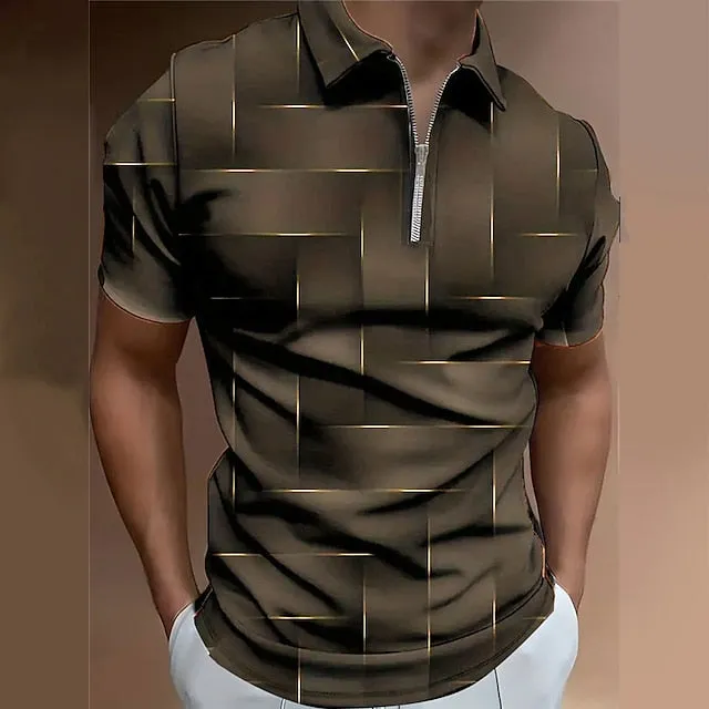 3D Geometric Print Men's Zip Polo Shirt for Outdoor Streetwear - Black & Purple, Spring/Summer Collection S M L