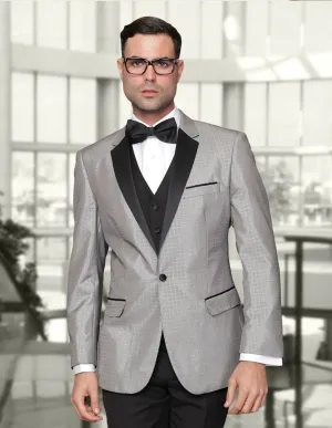 3pc Modern Fit Flat Front Pant Black Tuxedo Suit| MODENA| Silver