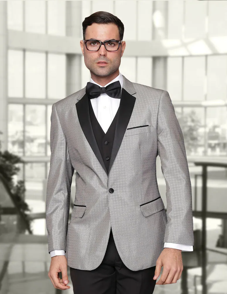 3pc Modern Fit Flat Front Pant Black Tuxedo Suit| MODENA| Silver
