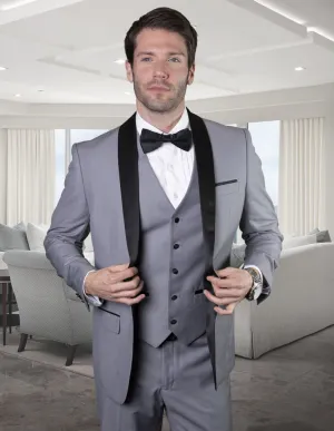 3pc Tailored Fit Flat Front Pants Shawl Lapel Tuxedo  | Tux-sh | Grey