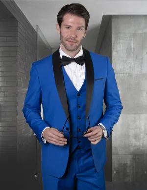 3pc Tailored Fit Flat Front Pants Shawl Lapel Tuxedo  | Tux-sh | Royal - Blue
